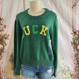 Grayson Threads Green Sweater with  Lettering Says "LUCKY"